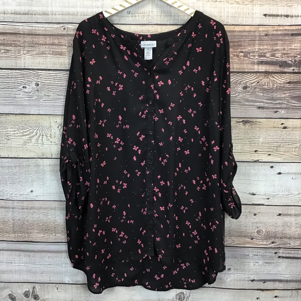 Catherine’s Roll Tab Blouse 2X Black Pink Floral